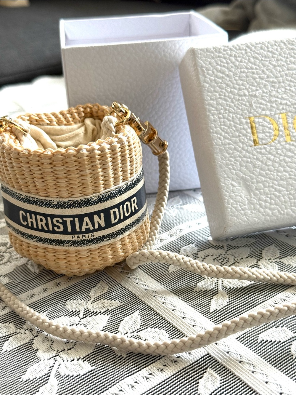 Dior Natural Beige Woven Mini Crossbody with Navy Logo Band